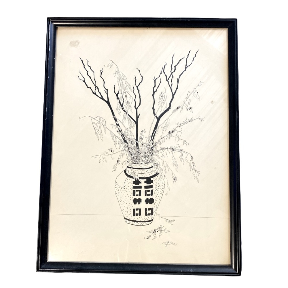 Vintage Ink Hand-Drawn Framed Japanese Art